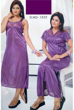 2 piece lace nighty with transparent front JKSETH-2P-FrontTransparent-1222, purple, free size  30-36  inch, nighty with overcoat gown