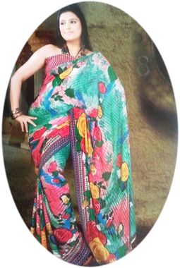 Saree - Designer Faux Chiffon Flower Print - JKSAREERC1051