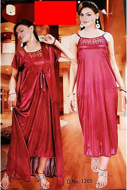 2 piece nighty with transparent lace front - JKSETH-2P-1205, red, free size  32-36  inch, nighty with overcoat gown