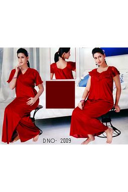 2 piece premium nighty frilled - JKSETH-2P-2009, winered, free size  32-36  inch, nighty with overcoat gown