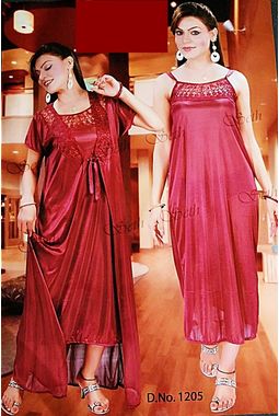 2 piece nighty with transparent lace front - JKSETH-2P-1205, winered, free size  32-36  inch, nighty with overcoat gown