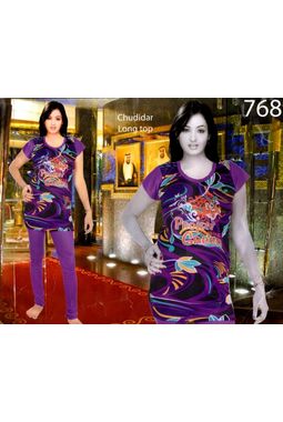 Designer Multicolor print churidar Long top night suit -JKNS- 768, red