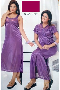 2 piece lace nighty with transparent front JKSETH-2P-FrontTransparent-1222, magenta, free size  30-36  inch, nighty with overcoat gown