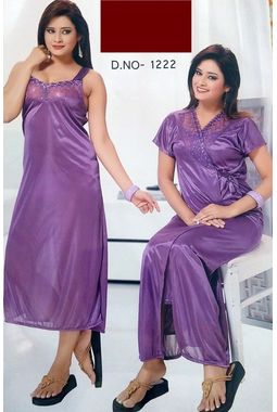 2 piece lace nighty with transparent front JKSETH-2P-FrontTransparent-1222, winered, free size  30-36  inch, nighty with overcoat gown