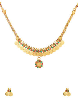 DUMMY-Voylla Traditional Gold Plated Coin Necklace Set Adorned with Pink and Green Color Stones-SCBOM22617