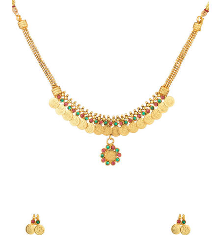 DUMMY-Voylla Traditional Gold Plated Coin Necklace Set Adorned with Pink and Green Color Stones-SCBOM22617