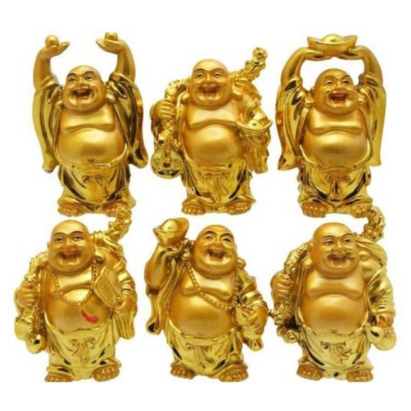 De Vedic Feng Shui Chinese Happy Man / Laughing Buddha - 6 different Poses Set Figurine Golden Statue Showpiece - 5 cm