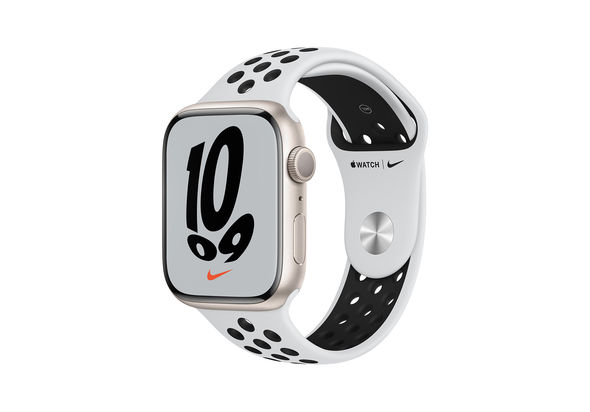 Apple Watch Nike Series 7 Starlight Aluminium Case with Pure Platinum/Black Nike Sport Band, GPS and Cellular, 45mm