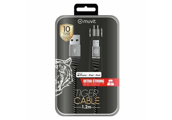 Muvit Tiger Cable Ultra Resistant Micro USB, Lightning, Type C, 1.2M, Grey