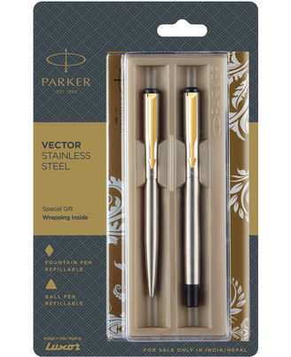 Parker Vector Stainless Steel Gold Trim Fountain Pen+ Ball Pen (Blue Ink)