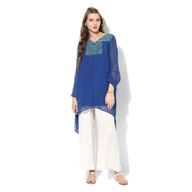 Global Desi Embroidered Polyester Tunic, l,  blue