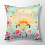 My Room Satin Yellow & Blue Lotus Cushion Covers, pack of 3