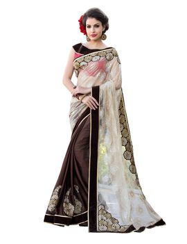 Ruhabs white & brown colour half & half net saree with brown blouse