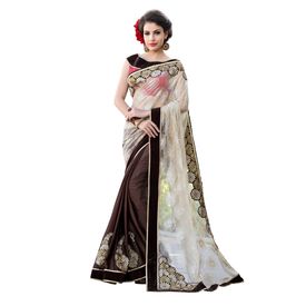 Ruhabs white & brown colour half & half net saree with brown blouse