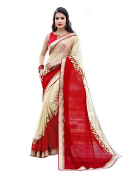Ruhabs red and chikoo colour half-half faux georgette saree with red blouse