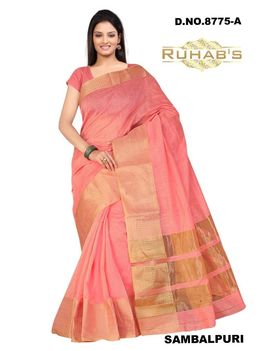 Ruhabs Light Pink Saree With Golden Border, cotton, r-re-8775a, kanjiwaram