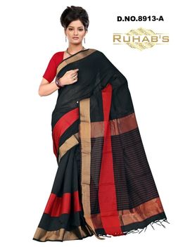 Ruhabs Black Saree With Red And Golden Strips, cotton, r-re-8913a, kanjiwaram