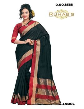 Ruhabs Black With Red And Golden Border Saree, cotton, r-re-8566, kanjiwaram
