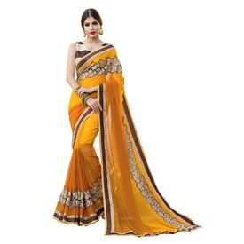 Ruhabs yellow colour half & half pure georgette saree with brown blouse
