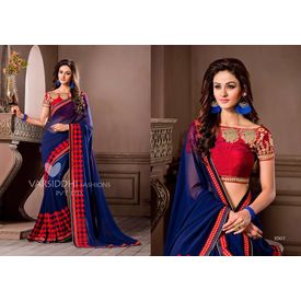 Ruhabs Violet Colour Georgette Saree With Red Blouse