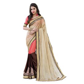 Ruhabs chikoo, pink & maroon colour half & half faux georgette saree with pink blouse