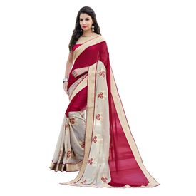 Ruhabs white and pink colour half & half faux georgette saree with pink blouse