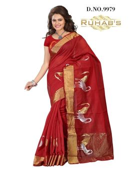Ruhabs Red Saree With Golden Border, cotton, r-re-9979, kanjiwaram