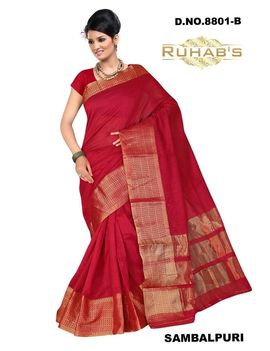 Ruhabs Red With Golden Work Saree, cotton, r-re-8801b, kanjiwaram