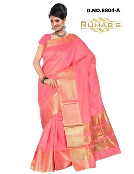 Ruhabs Pink With Golden Work Cotton Saree, cotton, r-re-8804a, kanjiwaram