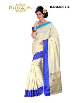 Ruhabs Off White With Blue And Light Blue Border Saree, cotton, r-re-8992b, kanjiwaram