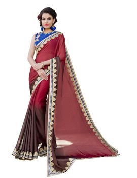 Ruhabs maroon & brown colour half & half faux georgette saree with violet blouse