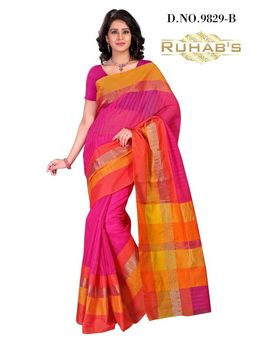 Ruhabs Pink Saree With Orange Shade Border Work, cotton, r-re-9829b, kanjiwaram
