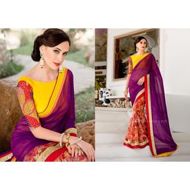Ruhabs Violet Colour Georgette Saree With Yellow Blouse