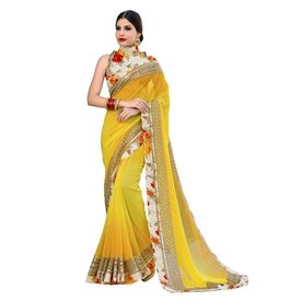 Ruhabs yellow colour pure georgette saree with white floral blouse