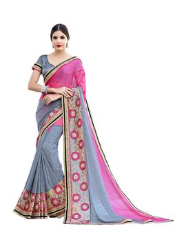 Ruhabs blue and pink colour faux georgette saree with blue blouse