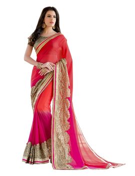 Ruhabs red and pink colour half & half pure georgette saree with blouse