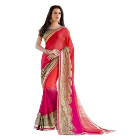 Ruhabs red and pink colour half & half pure georgette saree with blouse