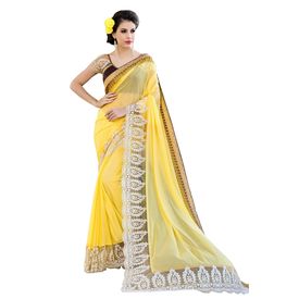 Ruhabs yellow colour faux georgette saree with brown blouse