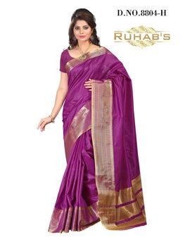 Ruhabs Purple With Golden Work Cotton Saree, cotton, r-re-8804h, kanjiwaram