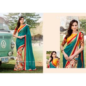 Ruhabs Dark Green Colour Georgette Saree With Yellow Blouse