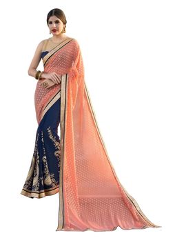 Ruhabs navy blue and pink colour half & half faux georgette saree with navy blue blouse