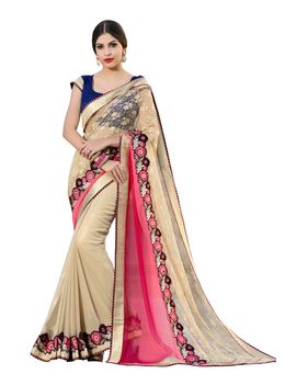 Ruhabs chikoo and pink colour half & half net saree with violet blouse