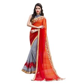 Ruhabs red & blue colour faux georgette saree with blue blouse
