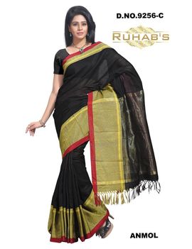Ruhabs Black Saree With Red Border, cotton, r-re-9256c, kanjiwaram