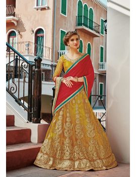 RUHABS YELLOW COLOUR LEHENGA WITH NET BLOUSE & RED DUPATTA