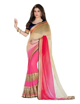 Ruhabs light yellow and pink colour half & half faux georgette saree with violet blouse