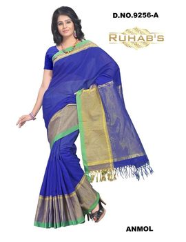 Ruhabs Blue Saree With Light Green Border, cotton, r-re-9256a, kanjiwaram
