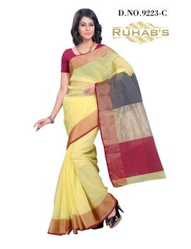 Ruhabs Yellow With Multicolor Strips Saree, cotton, r-re-9223c, kanjiwaram