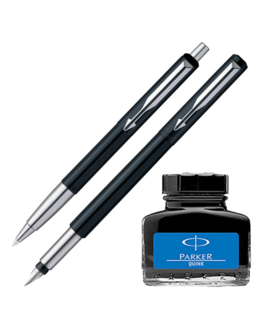Parker Vector Standard Sets Fountain Pen & Ball Pen with Blue Quink Ink Bottle (Pack of 2)