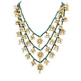 3 lines green emerald beads with multi kundan pieces